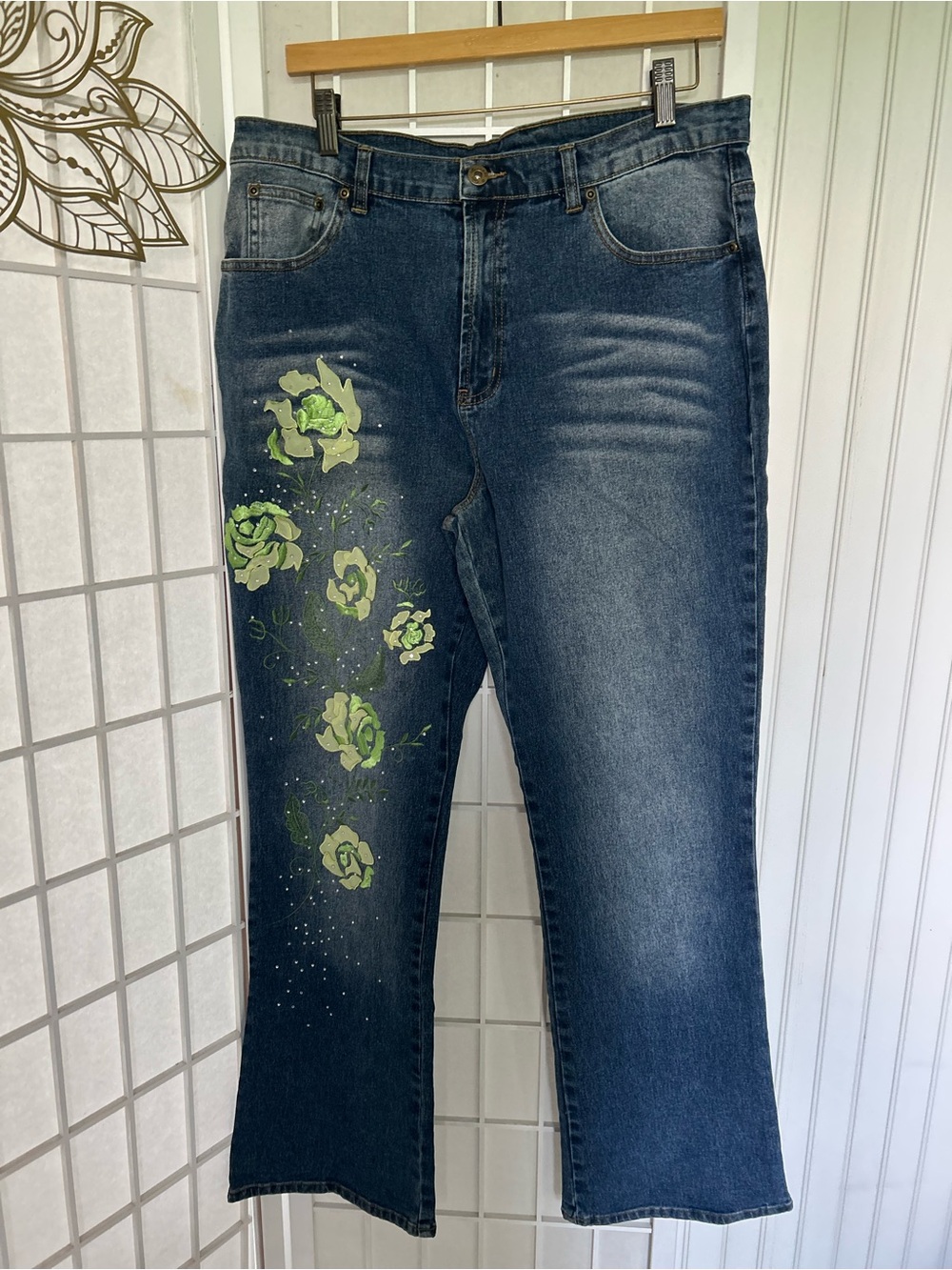 DG2 by Diane Gilman Dark Blue Jeans with Green Floral Accent